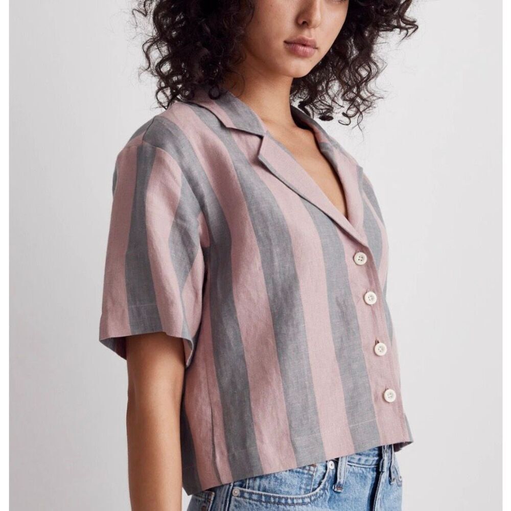Madewell Pink and Gray Striped Short-Sleeve Button Front Blouse - Picture 2 of 10